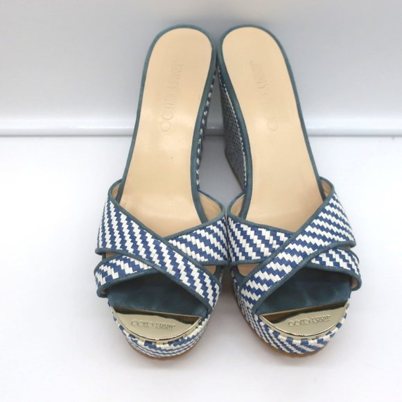 JIMMY CHOO PERFUME CRISSCROSS PLATFORM WEDGE SANDALS BLUE WOVEN RAFFIA SIZE 37 - Picture 4 of 11